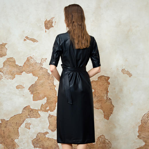 EITIE爱特爱春季新款复古时尚干练气质百搭衬衫式皮衣连衣裙8107805 商品图4