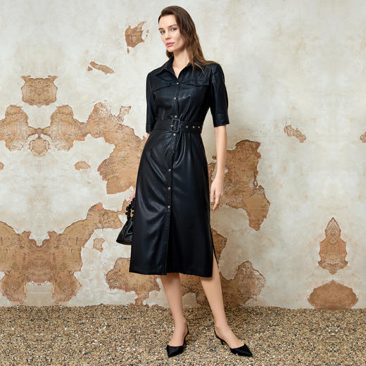 EITIE爱特爱春季新款复古时尚干练气质百搭衬衫式皮衣连衣裙8107805 商品图3