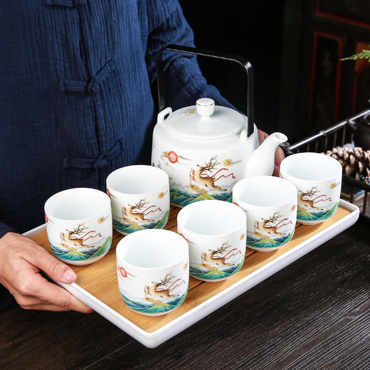 高档白瓷功夫茶具套装家用送礼办公室会客提梁泡茶壶茶杯一套成艺莲升富贵鹿鹤同春古道壶7入 商品图5