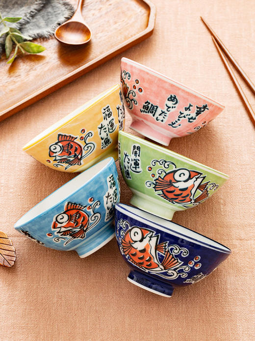 日本套碗兔子招财猫鲷鱼达摩可爱陶瓷碗家用饭碗招财猫4.9英寸套五碗 商品图6