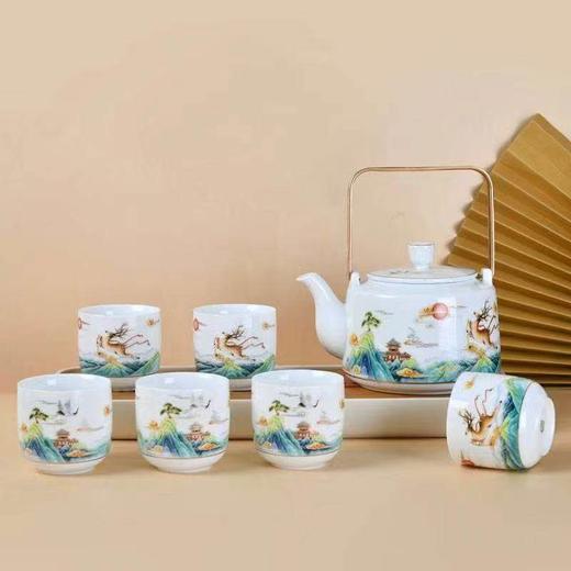 高档白瓷功夫茶具套装家用送礼办公室会客提梁泡茶壶茶杯一套成艺莲升富贵鹿鹤同春古道壶7入 商品图0