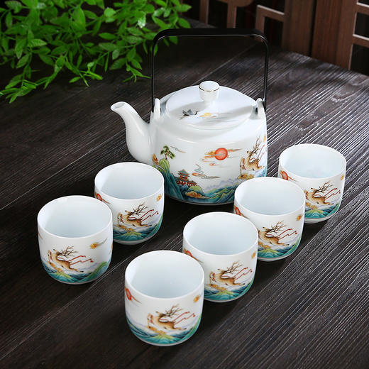 高档白瓷功夫茶具套装家用送礼办公室会客提梁泡茶壶茶杯一套成艺莲升富贵鹿鹤同春古道壶7入 商品图1