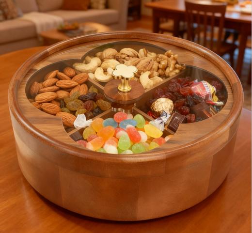 龙福-胡桃木海棠圆形零食干果盘 （约28*28*9cm） 商品图2