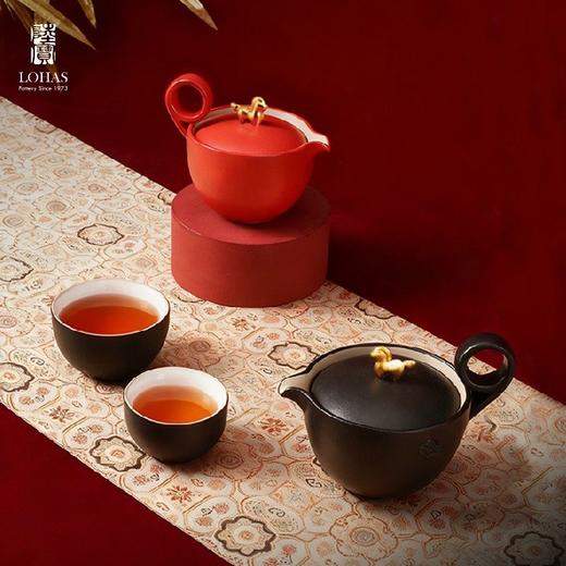 陆宝新品陶瓷茶具套装礼盒家用泡茶送礼中式1壶2杯马上走运茶组菊瓣茶托（禅风黑） 禅风黑 商品图3