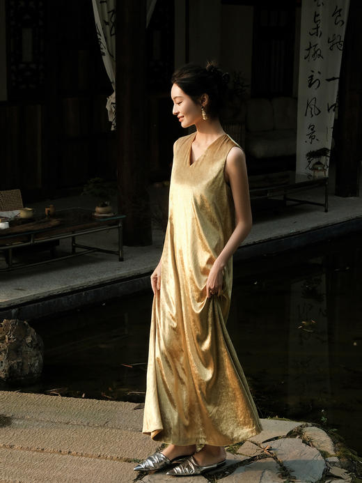 廷前观棠 |檀金-金色亮丝丝绒长裙 商品图6