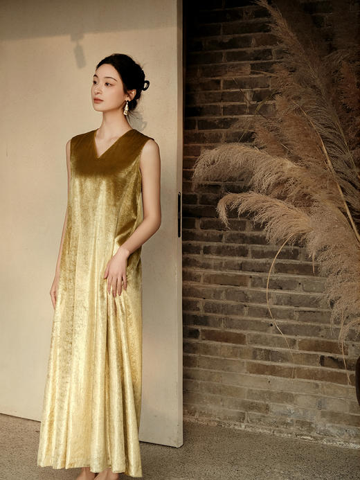 廷前观棠 |檀金-金色亮丝丝绒长裙 商品图0