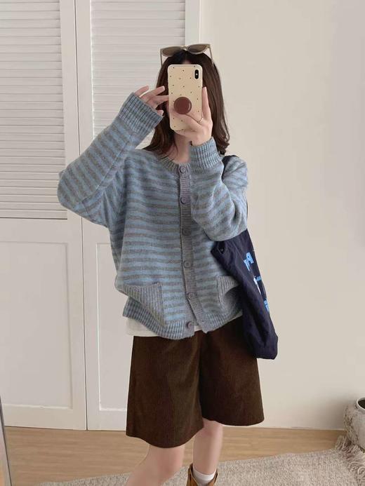 【自营】跨年福利-【超美毛衣】开衫-Z090韩系慵懒风宽松条纹撞色毛衣-喜出 商品图1