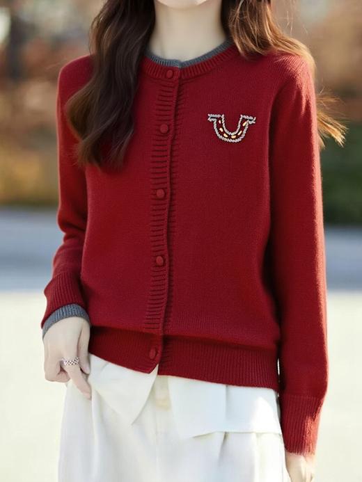 清了！清！不支持退货【自营】跨年福利【超美针织衫】M13假两件袖口圆领U刺绣开衫毛衣-喜出 商品图0