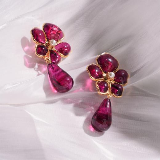 订购5个月到｜Gripoix Paris-Tropical Flower-流光红 耳夹［法国设计师］ 商品图1