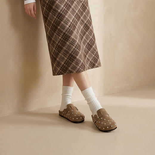 Westory2026年春季休闲勃肯拖鞋牛绒皮钉珠舒适后空单鞋S26AH50641 商品图3