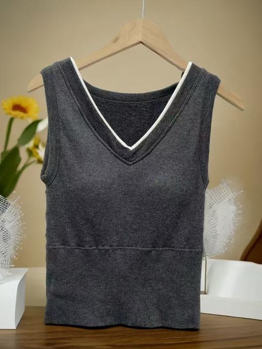 女王节抢购价-不支持退→【自营】【超暖美背】（内里毛圈）有胸垫一体杯～超舒服拼色V领灰色螺纹棉背心美背-喜出 商品图1