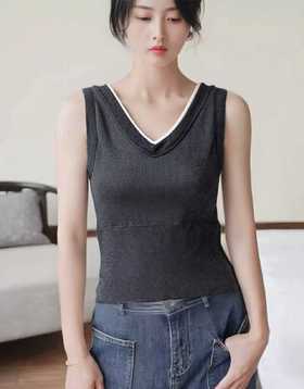 女王节抢购价-不支持退→【自营】【超暖美背】（内里毛圈）有胸垫一体杯～超舒服拼色V领灰色螺纹棉背心美背-喜出
