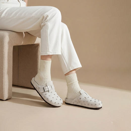 Westory2026年春季休闲勃肯拖鞋牛绒皮钉珠舒适后空单鞋S26AH50641 商品图4