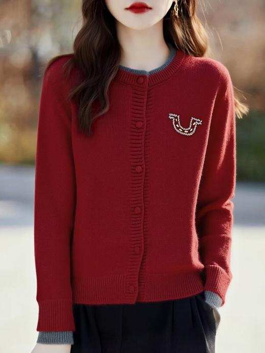 清了！清！不支持退货【自营】跨年福利【超美针织衫】M13假两件袖口圆领U刺绣开衫毛衣-喜出 商品图1