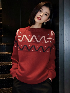 女王节抢购价-不支持退→【自营】跨年福利-【超美毛衣】Z088菲尔岛风格圆领提花短款毛衣-喜出