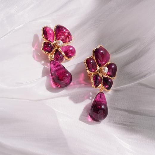 订购5个月到｜Gripoix Paris-Tropical Flower-流光红 耳夹［法国设计师］ 商品图3