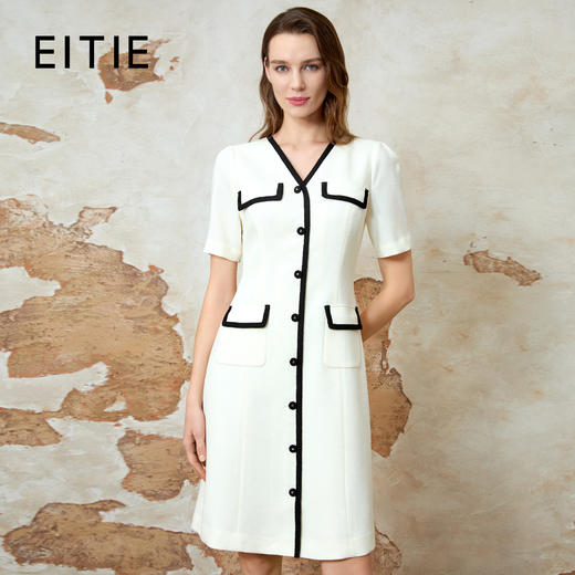 EITIE爱特爱气质小香风V领显瘦高级感A字连衣裙春季新款8107813 商品图0