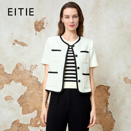 EITIE爱特爱气质圆领小香风撞色短款百搭短袖开衫外套春新款8103809 商品图0