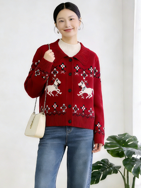 臣禾	【小马提花开衫】100%绵羊毛翻领正肩合体针织外套	JZ254090496