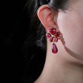 订购5个月到｜Gripoix Paris-Tropical Flower-流光红 耳夹［法国设计师］