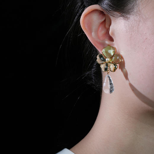 订购5个月到｜Gripoix Paris-Tropical Flower-light sea green 耳夹［法国设计师］ 商品图0