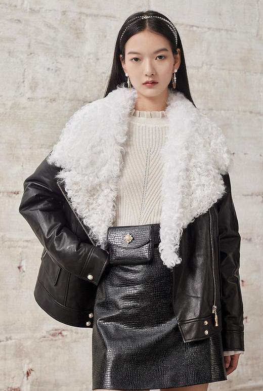 羊羔毛拼接机车服冬季短夹克外套女MG8343290111JA0A90 商品图1