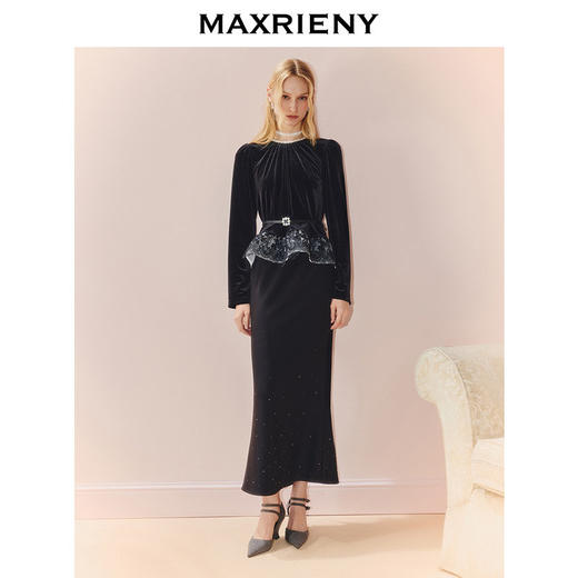 MAXRIENY法式优雅感鱼尾半裙25秋款赫本风气质穿搭烫钻开叉中长裙(货号:MS86SK516) 商品图1