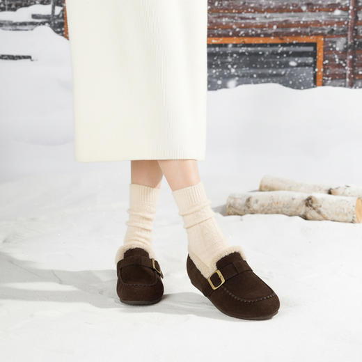 西村名物2025年冬季新款舒适平底厚绒内里保暖豆豆鞋毛毛鞋T25DM40101 商品图11