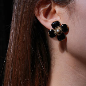 北京仓｜Goossens Paris-Trefle-天然黑色玛瑙 珍珠 耳夹（无需耳洞）［法国设计师］