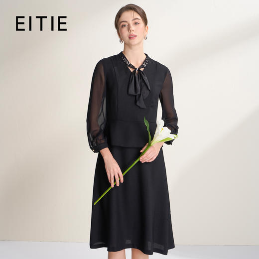 【朦胧纱】EITIE爱特爱通勤优雅假两件飘带法式连衣裙2026春新款A2607123 商品图0