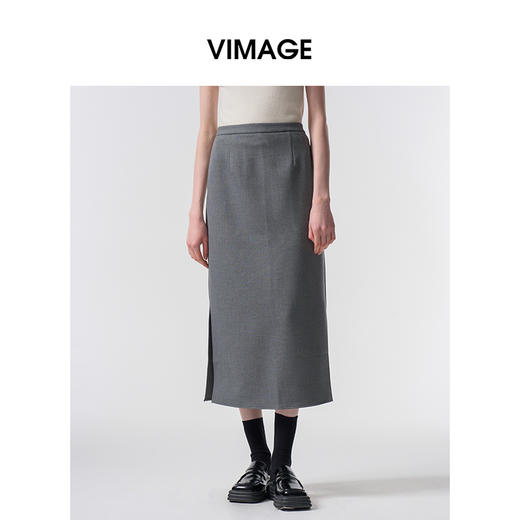 VIMAGE纬漫纪极简静奢轻职场廓形质感灰色开叉半身裙2026春季新款V2506201 商品图0