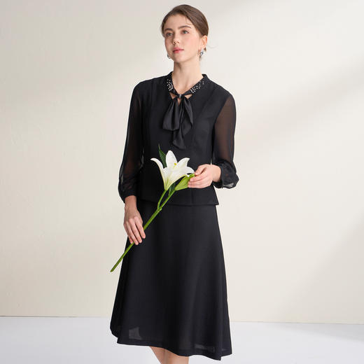 【朦胧纱】EITIE爱特爱通勤优雅假两件飘带法式连衣裙2026春新款A2607123 商品图1