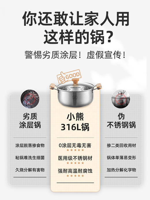小熊汤锅家用316L食品级不锈钢锅加厚蒸锅煮锅无涂层电磁炉双耳锅HF 商品图1