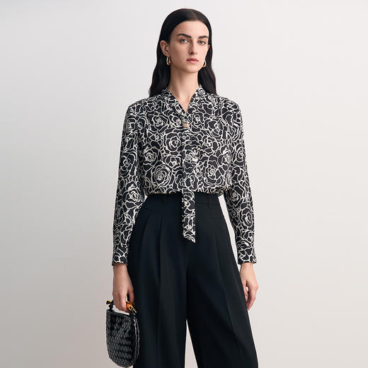 EITIE爱特爱2026春季新款飘带直筒显瘦百搭印花衬衫上衣8513201 商品图4