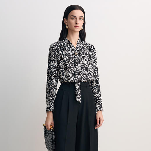 EITIE爱特爱2026春季新款飘带直筒显瘦百搭印花衬衫上衣8513201 商品图2