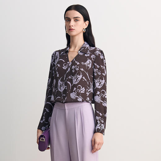 EITIE爱特爱粉色紫色印花时尚复古收腰显瘦衬衫上衣2026春季新款8513202 商品图3