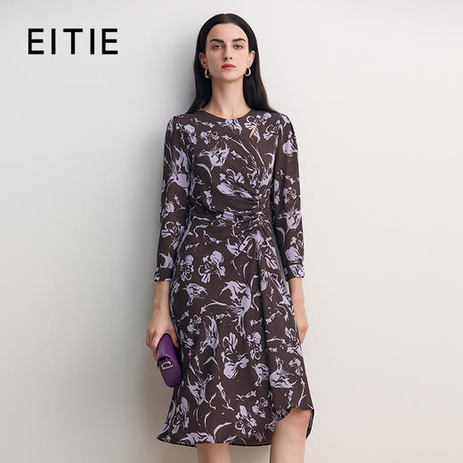 EITIE爱特爱法式优雅复古紫色印花褶皱收腰连衣裙2026春季新款8507210 商品图0