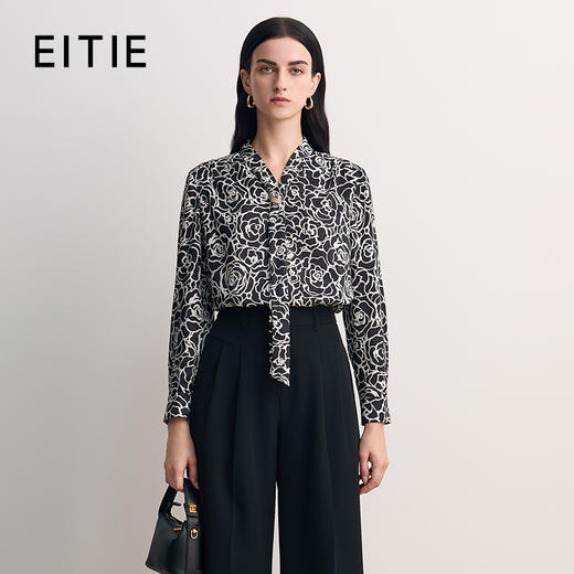 EITIE爱特爱2026春季新款飘带直筒显瘦百搭印花衬衫上衣8513201 商品图0