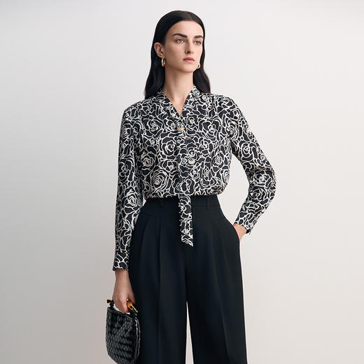 EITIE爱特爱2026春季新款飘带直筒显瘦百搭印花衬衫上衣8513201 商品图3