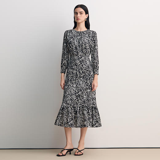 EITIE爱特爱精致法式印花收腰显瘦鱼尾下摆连衣裙2026春季新款8507208 商品图1
