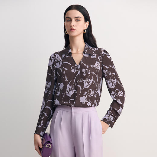 EITIE爱特爱粉色紫色印花时尚复古收腰显瘦衬衫上衣2026春季新款8513202 商品图2