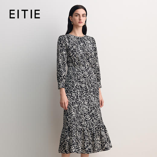 EITIE爱特爱精致法式印花收腰显瘦鱼尾下摆连衣裙2026春季新款8507208 商品图0
