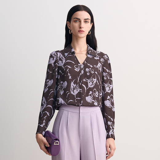 EITIE爱特爱粉色紫色印花时尚复古收腰显瘦衬衫上衣2026春季新款8513202 商品图5