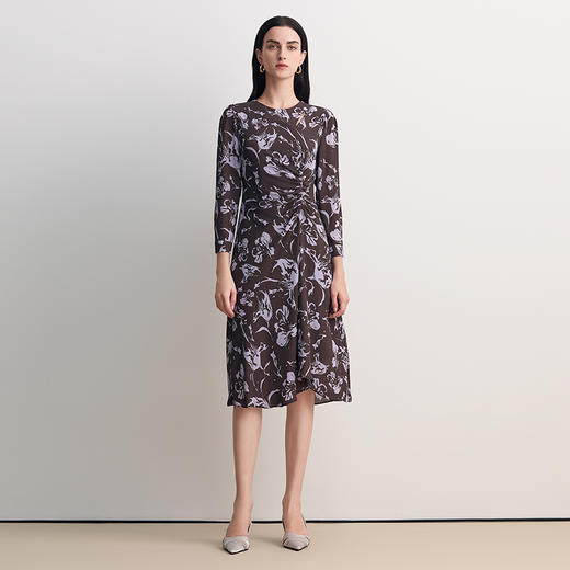 EITIE爱特爱法式优雅复古紫色印花褶皱收腰连衣裙2026春季新款8507210 商品图1