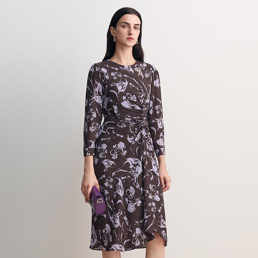 EITIE爱特爱法式优雅复古紫色印花褶皱收腰连衣裙2026春季新款8507210 商品图3