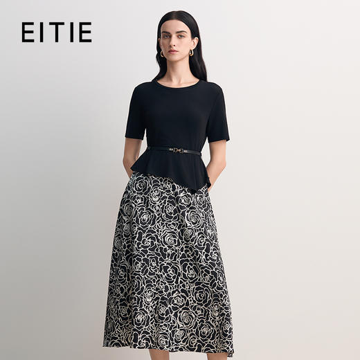 EITIE爱特爱拼接假两件圆领修身显瘦通勤连衣裙2026春新款8507207 商品图0