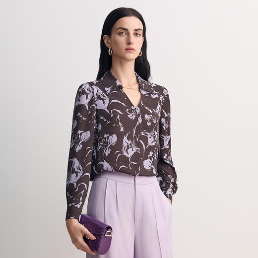 EITIE爱特爱粉色紫色印花时尚复古收腰显瘦衬衫上衣2026春季新款8513202 商品图4