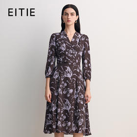 EITIE爱特爱法式复古紫色印花V领收腰显瘦a字连衣裙2026春季新款8507209