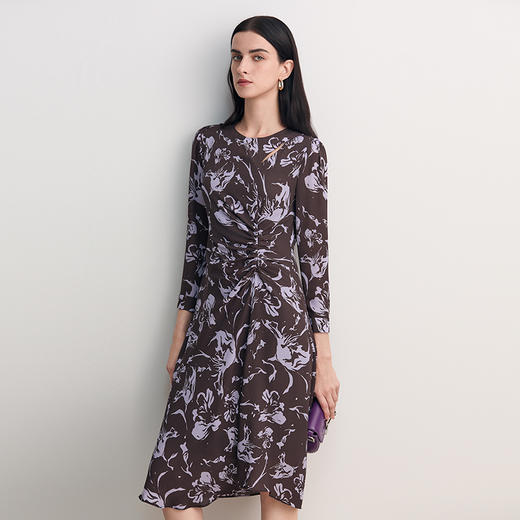 EITIE爱特爱法式优雅复古紫色印花褶皱收腰连衣裙2026春季新款8507210 商品图2