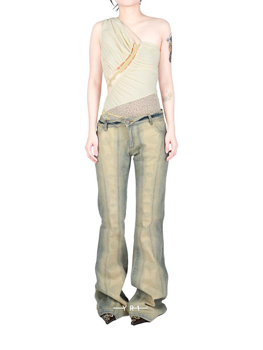 单肩抽褶拼接豹纹网纱连体衣 商品图1